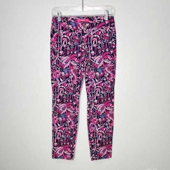 NWT Lilly Pulitzer Kelly Skinny Ankle pants Pink Blue Size 00 palm trees monkeys - Picture 2 of 10